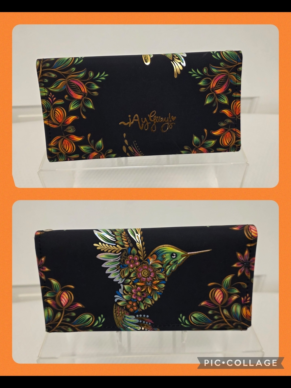 EUC Ay Guey Black Floral Hummingbird Trifold Snap Close Wallet Colorful, Unique